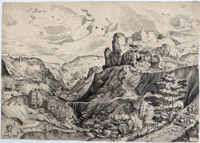 an image of a drawing of a mountain scene with a river