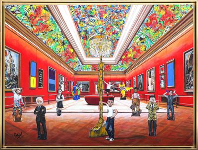 painting of people in a museum with paintings on the walls