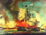 an image of a painting of a ship on fire in the ocean