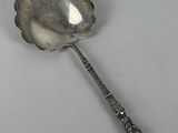a silver spoon with a flower on it on a white surface