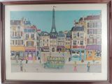tableau représentant une scène de rue en ville avec un bus et des passants