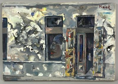 a painting on the wall of a building with a door