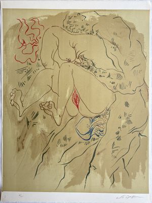 an image of a drawing of a man and a woman on a horse
