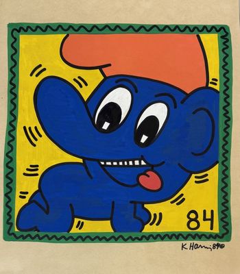 painting of a blue elephant with a red hat and tongue sticking out