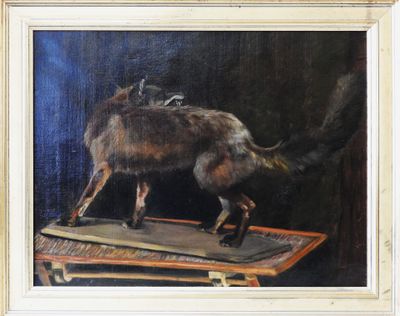 an oil painting of a dog standing on top of a wooden table