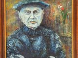 painting of an old man with a hat and a blue coat