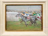une peinture représentant une course de chevaux avec des jockeys et des chevaux