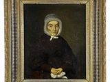 an old painting of a woman in a black dress and bonnet