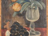 a painting of flowers in a vase on a table