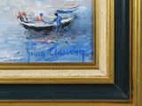 a painting of a man in a boat on the water
