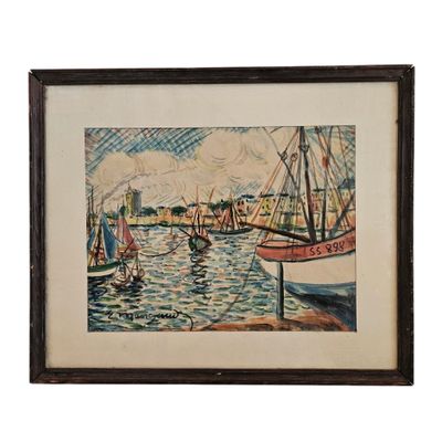 painting of a harbor scene with sailboats in the foreground
