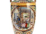 a large vase with a painting on it on a stand