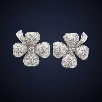 une paire de boucles d'oreilles en forme de fleurs argentées sur fond bleu