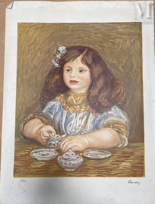 un tableau représentant une petite fille assise à une table avec des tasses à thé