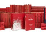 de nombreux livres rouges empilés les uns sur les autres sur une surface blanche