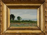 une peinture à l'huile représentant un paysage avec un arbre solitaire au premier plan