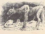 dessin représentant un dessin en noir et blanc d'une vache et de deux veaux