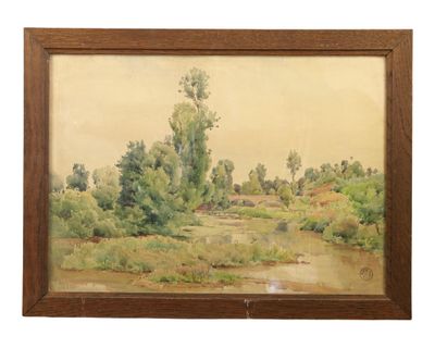 an image of a painting of a river with trees in the background