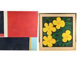 deux tableaux représentant des fleurs jaunes dans un cadre en bois, sur fond blanc