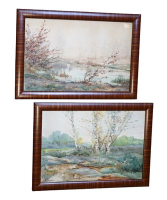 Auguste ALLONGÉ (1833-1898). Paysages de lac en Automne. Deux aquarell - Photo 1