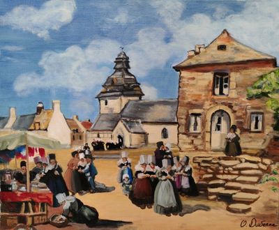 un tableau représentant un groupe de personnes assises devant un bâtiment