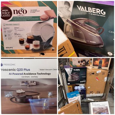 several pictures of different types of coffee machines on display in a store