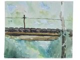 a watercolor painting of a train on a train track