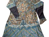 a blue and brown dress with a pattern on it