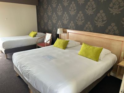 deux lits dans une chambre d'hôtel dont l'un des murs est tapissé