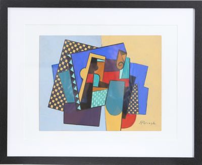 an abstract painting of squares and shapes in blue, yellow, and red