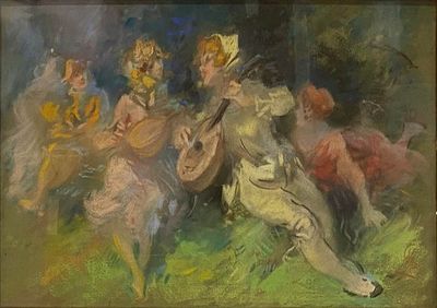 une image représentant un tableau où l'on voit un groupe de personnes jouant d'instruments de musique