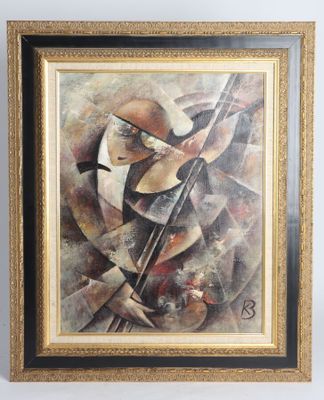 un tableau représentant un homme avec une guitare, dans un cadre doré