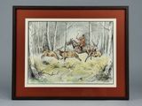tableau représentant un homme à cheval poursuivant un cerf dans les bois