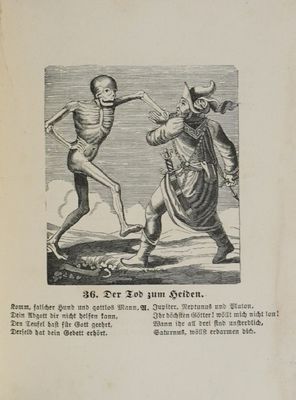 un vieux livre sur lequel figurent un squelette et un homme tenant une épée
