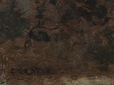 a painting of a man riding a horse in a wooded area