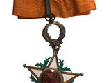 un ruban orange orné d'une étoile argentée et entouré d'un ruban rouge