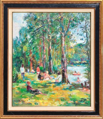 a painting of a group of people sitting on the grass by a river