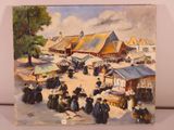 painting of a market scene with people standing around a table