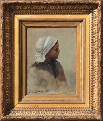 a painting of a woman with a white head scarf in a gold frame