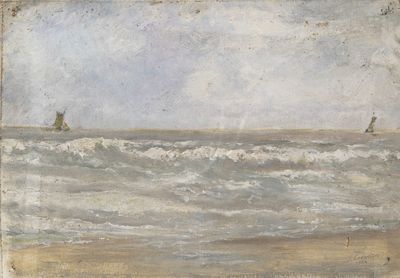 a painting of a sailboat in the ocean on a cloudy day