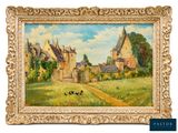 une image représentant un tableau d'un village avec des poulets au premier plan