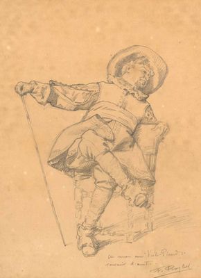 an old drawing of a man with a cane and a hat