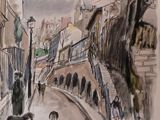 painting of a street scene with people walking down the street