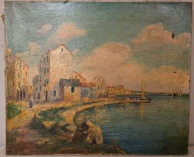 Paul MALLET ? - Village en bord de mer - Huile sur toile - S…