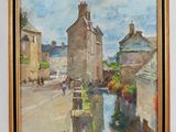 an oil painting of a street scene with buildings and a river