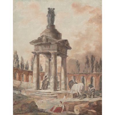 une image représentant un tableau d'une fontaine surmontée d'une statue