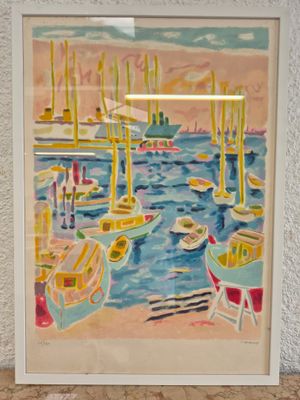 a picture of a painting of boats in the water