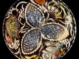 a decorative plate with a butterfly on it on a black background