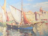 une peinture représentant un bateau sur l'eau, avec des bâtiments en arrière-plan