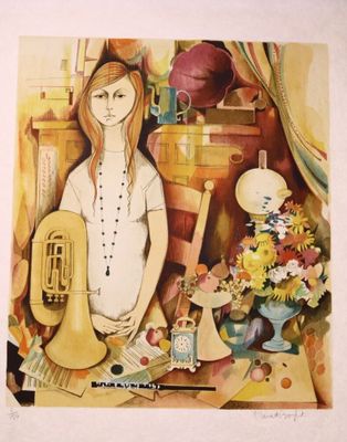 un tableau représentant une femme enceinte avec un instrument de musique